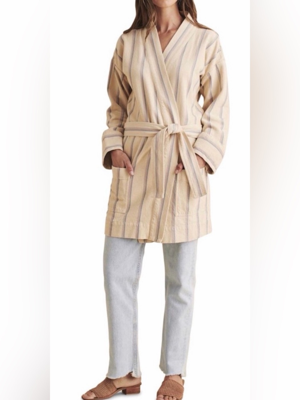 ✨ Faherty Palm Springs Linen Blend Robe Jacket Size S Striped Belted ✨